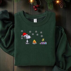 Snoopy Dog Christmas Embroidered Sweatshirt, Cozy Holiday Sweatshirt, Cartoon Winter Shirt, Festive Tree Embroidery