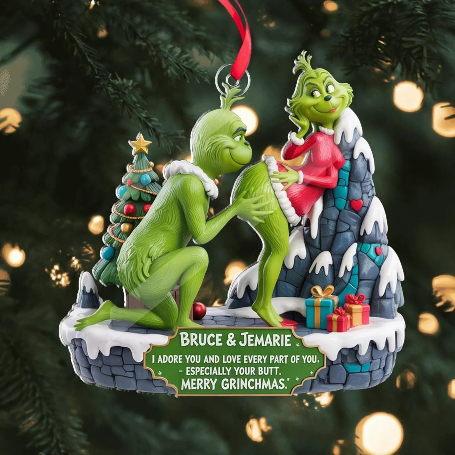 Personalized Grinch Couple Kissing Acrylic Ornament, Grinch Ornament, Couple Christmas Ornament, The Grinchmas Decor, Newly Wed Ornament