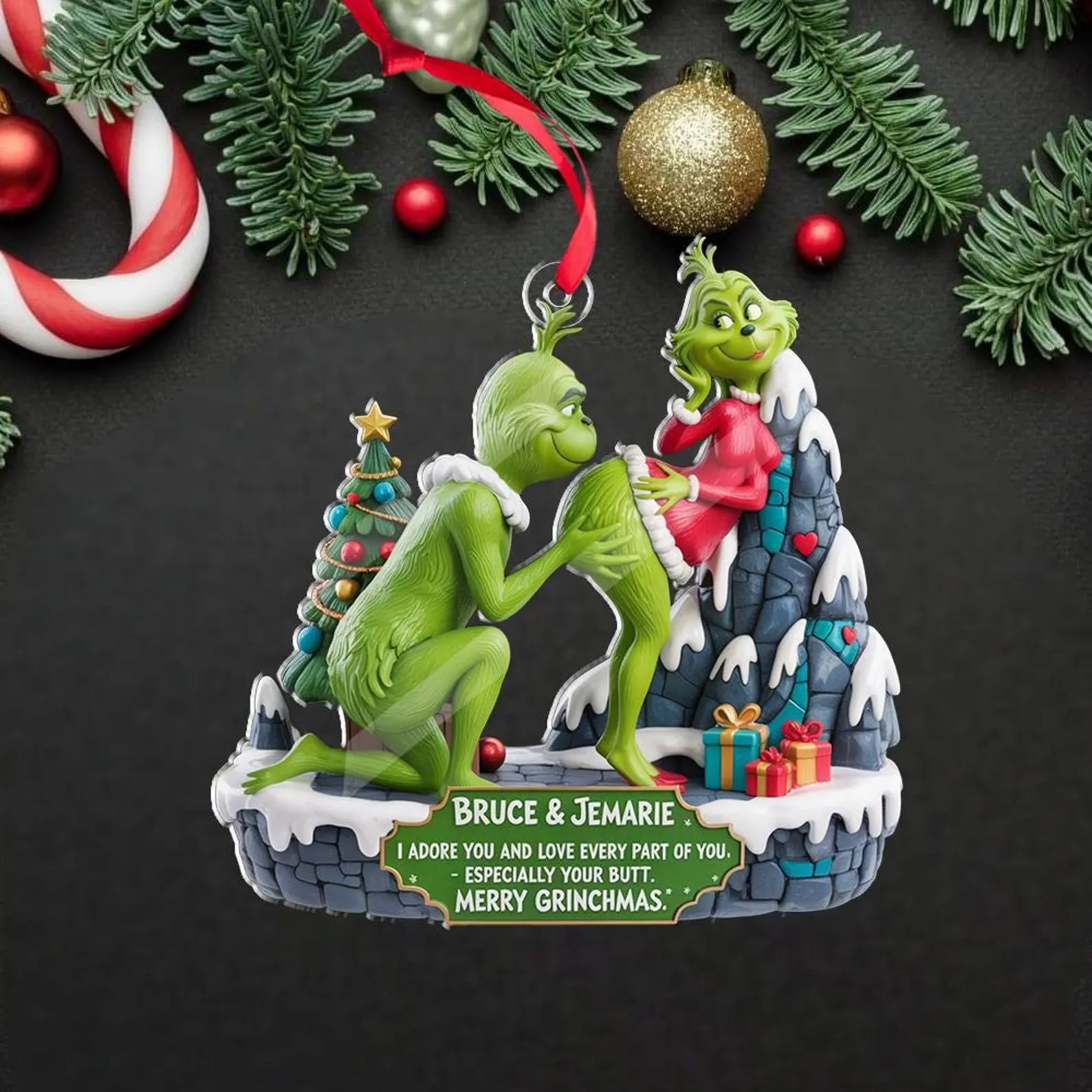 Personalized Grinch Couple Kissing Acrylic Ornament, Grinch Ornament, Couple Christmas Ornament, The Grinchmas Decor, Newly Wed Ornament