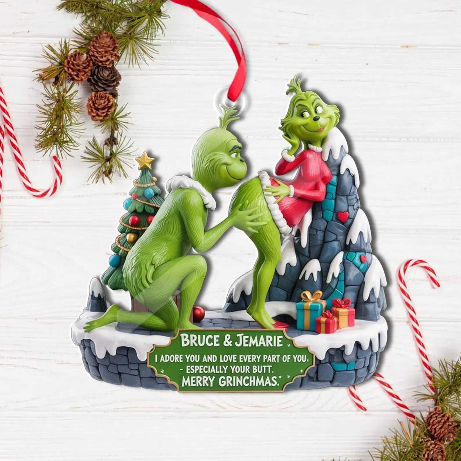 Personalized Grinch Couple Kissing Acrylic Ornament, Grinch Ornament, Couple Christmas Ornament, The Grinchmas Decor, Newly Wed Ornament