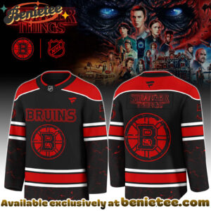 Boston Bruins x Stranger Things 5 Hockey Jersey with a bold red - black