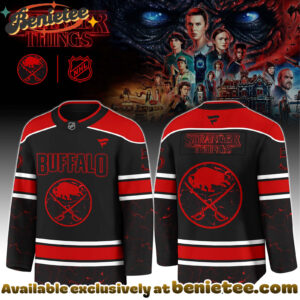 Buffalo Sabres x Stranger Things 5 Hockey Jersey with a bold red - black