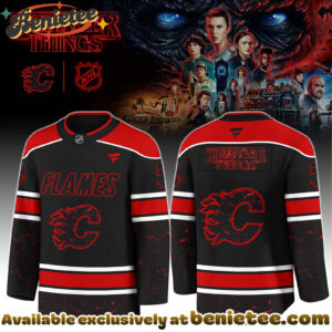 Calgary Flames x Stranger Things 5 Hockey Jersey with a bold red - black
