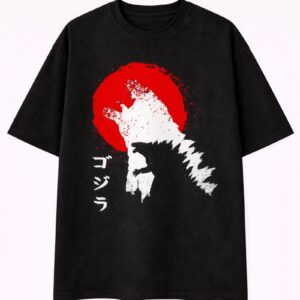 Men's Godzilla Graphic Oversized T-Shirt Japanese Sun Silhouette Mineral Wash Black Adult Size S-4XL