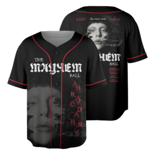 Lady Gaga The Mayhem Ball Music Tour 2026 Baseball Jersey, Polyester Button Down, Black, US Size S-5XL