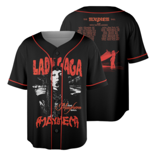 Lady Gaga The Mayhem Ball Music Tour 2026 Baseball Jersey, Polyester Button Down, Black, US Size S-5XL