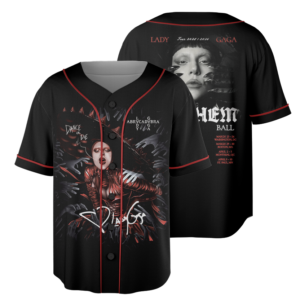 Lady Gaga The Mayhem Ball Music Tour 2026 Baseball Jersey, Polyester Button Down, Black, US Size S-5XL