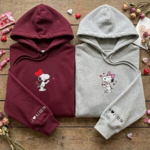 Snoopy Embroidered Anniversary Hoodies, Custom Couple Gift with Date, Cute Beagle Dog Shirt, Matching Valentine Outfit, Personalized Sleeve