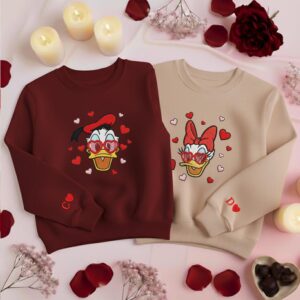 Donald & Daisy Valentine Embroidered Sweatshirt, Disney Couple Matching Sweater, Cute Heart Glasses Donald Daisy Shirt