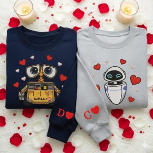 WALL-E And EVE Embroidered Couple Sweatshirts, Cute Robot Lovers Matching Tops, Romantic Valentine Gift For Him And Her