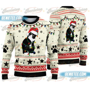 Black Cat Lights Ugly Christmas Sweater, Funny Holiday Sweater, Festive Winter Knit, Cute Xmas Gift for Cat Lovers