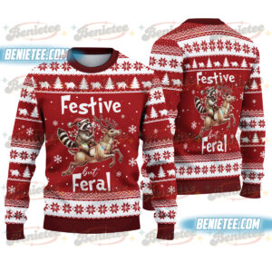 Festive & Feral Ugly Christmas Sweater, Funny Raccoon Holiday Sweater, Feral Raccoon Xmas Jumper, Trendy Christmas Gift