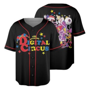 Surreal Circus Inspired Baseball Jersey, Trippy Digital Character Style Jersey, Whimsical Cartoon Aesthetic T-shirt