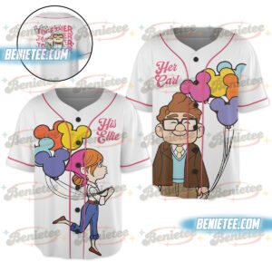 Her Carl His Ellie Couple Baseball Jersey, Disney Pixar Up Valentine Outfits, Carl and Ellie Pink Balloon Love Jersey