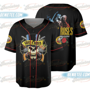 Women's Guns N' Roses Baseball Jersey, Polyester Button Down Shirt, Black, US Size