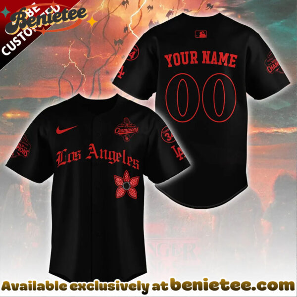 Personalized Los Angeles Dodgers 2025 Champions x Stranger Things Baseball Jersey - Ver 3