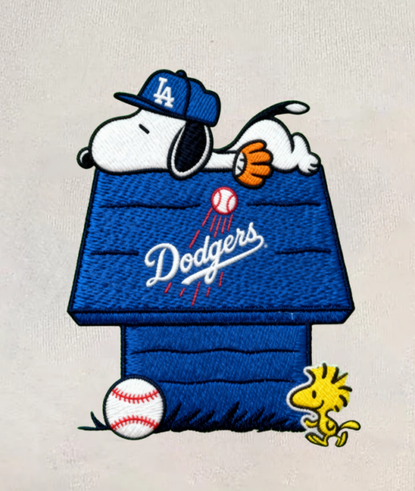 Snoopy And Woodstock Dodgers Dugout Embroidered Shirt, Los Angeles Baseball Embroidered Shirt