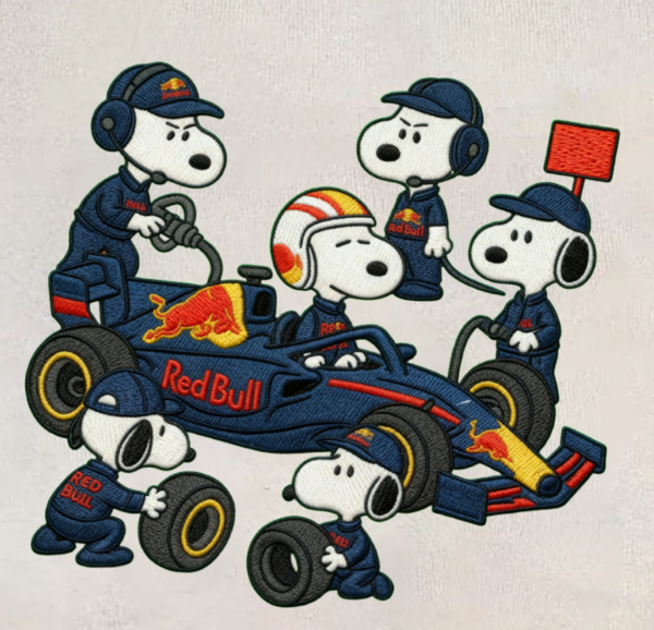 Snoopy Red Bull Pit Embroidered Shirt, Formula 1 Mechanic Embroidered Shirt