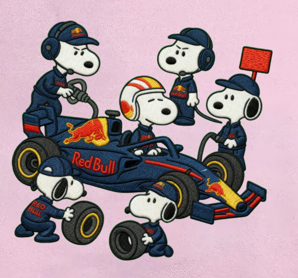 Snoopy Red Bull Pit Embroidered Shirt, Formula 1 Mechanic Embroidered Shirt