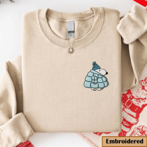 Snoopy Winter Sweatshirt, Embroidered Peanuts Character Crewneck, Puffer Jacket Snoopy Jumper, Cozy Maroon Holiday Gift