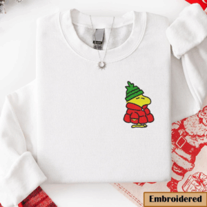 Snoopy Winter Sweatshirt, Embroidered Peanuts Character Crewneck, Puffer Jacket Snoopy Jumper, Cozy Maroon Holiday Gift