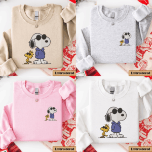 Cool Snoopy And Woodstock Sweatshirt, Embroidered Sunglasses Crewneck, Aesthetic Peanuts Fan Jumper, Tan Casual Hoodie Shirt