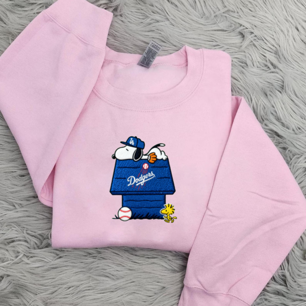 Snoopy And Woodstock Dodgers Dugout Embroidered Shirt, Los Angeles Baseball Embroidered Shirt