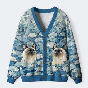 Siamese Cat Among The Fish Ugly Cardigan Sweater