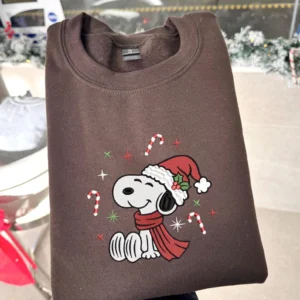 Cute Holiday Snoopy Embroidered Crewneck – Christmas Candy Cane Sweater, Cozy Winter Sweatshirt, Festive Gift For Her