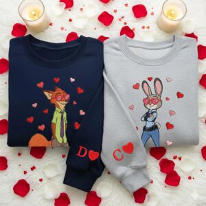 Zootopia Inspired Couple Embroidered Sweatshirt, Nick & Judy Heart Theme Sweatshirts, Cute Lovers Gift, Matching Valentine Crewneck