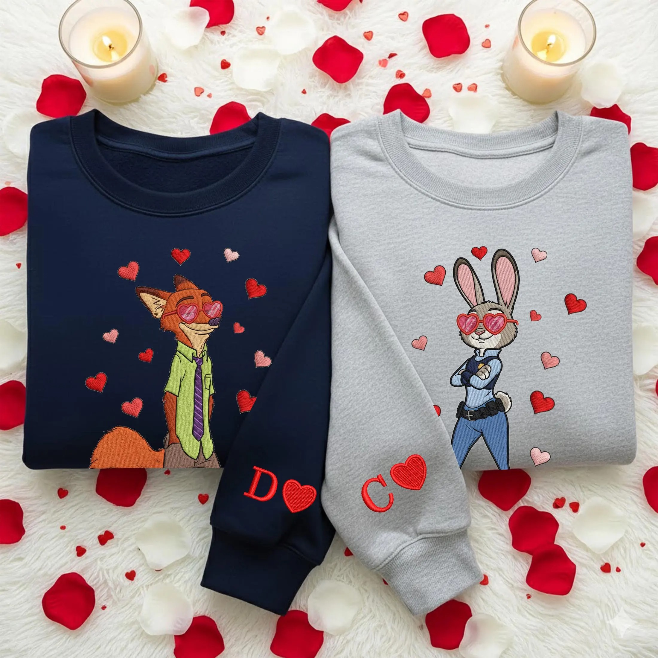 Zootopia Inspired Couple Embroidered Sweatshirt, Nick & Judy Heart Theme Sweatshirts, Cute Lovers Gift, Matching Valentine Crewneck