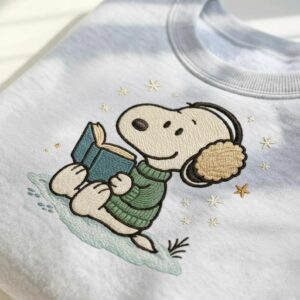 Winter Snoopy Embroidery Sweatshirt, Cute Reading Snoopy Stitch Design, Cozy Book Lover Gift, Holiday Embroidered Clothing