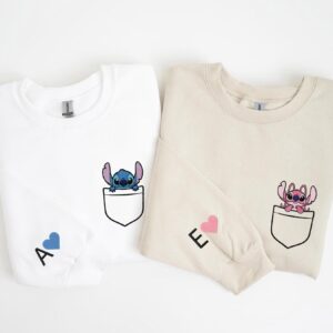 Stitch & Angel Couple Sweatshirt, Embroidered Valentine's Day Gift, Disney Honeymoon, Matching Wife Hubby Tee, Matching Girlfriend Tee