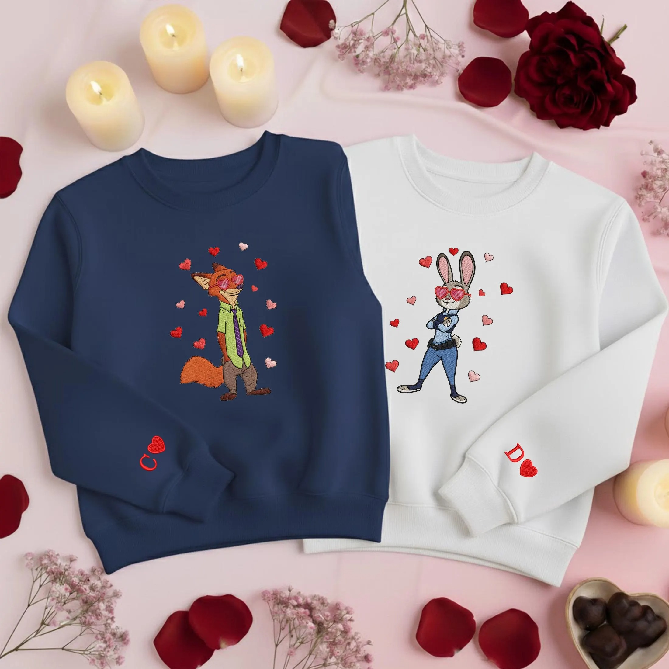 Zootopia Inspired Couple Embroidered Sweatshirt, Nick & Judy Heart Theme Sweatshirts, Cute Lovers Gift, Matching Valentine Crewneck