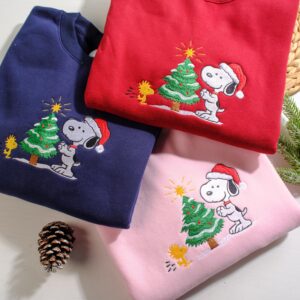 Christmas Snoopy Embroidered Sweater, Holiday Snowman Crewneck, Cozy Winter Cartoon Top, Dog Walking Outfit, Embroidery Christmas Tree Shirt