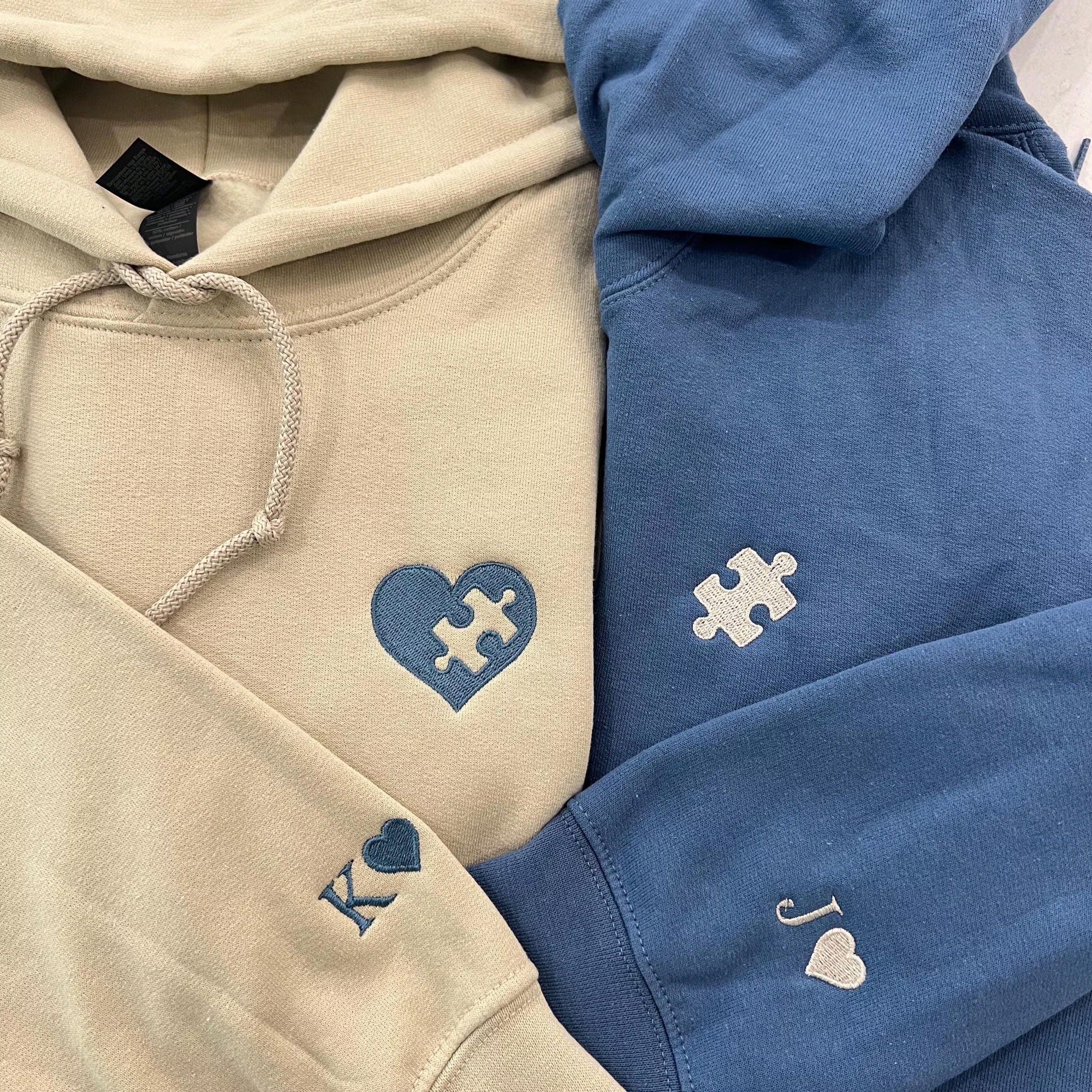 Custom Embroidered Sweatshirt, Heart and Puzzle Piece Couples Hoodie, Initial With Heart On Sleeve, Anniversary Gift, Valentines Day Gift