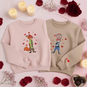 Zootopia Inspired Couple Embroidered Sweatshirt, Nick & Judy Heart Theme Sweatshirts, Cute Lovers Gift, Matching Valentine Crewneck