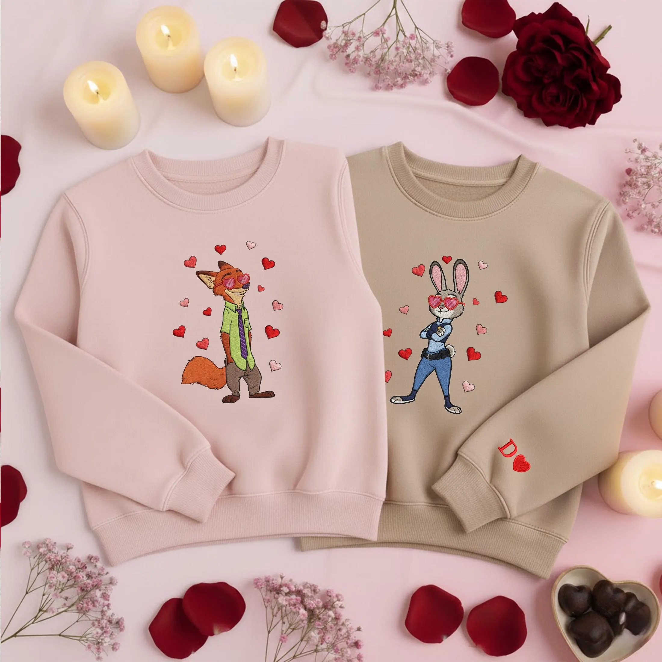 Zootopia Inspired Couple Embroidered Sweatshirt, Nick & Judy Heart Theme Sweatshirts, Cute Lovers Gift, Matching Valentine Crewneck