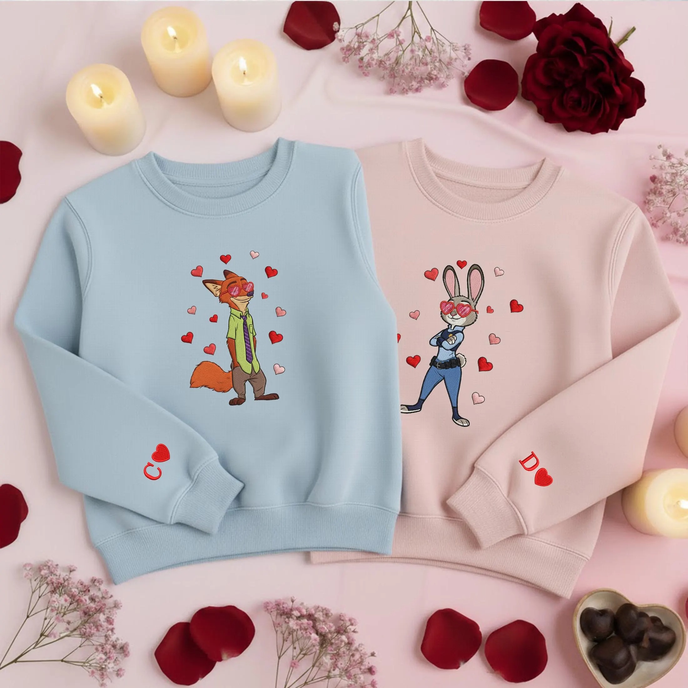 Zootopia Inspired Couple Embroidered Sweatshirt, Nick & Judy Heart Theme Sweatshirts, Cute Lovers Gift, Matching Valentine Crewneck