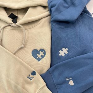 Custom Embroidered Sweatshirt, Heart and Puzzle Piece Couples Hoodie, Initial With Heart On Sleeve, Anniversary Gift, Valentines Day Gift