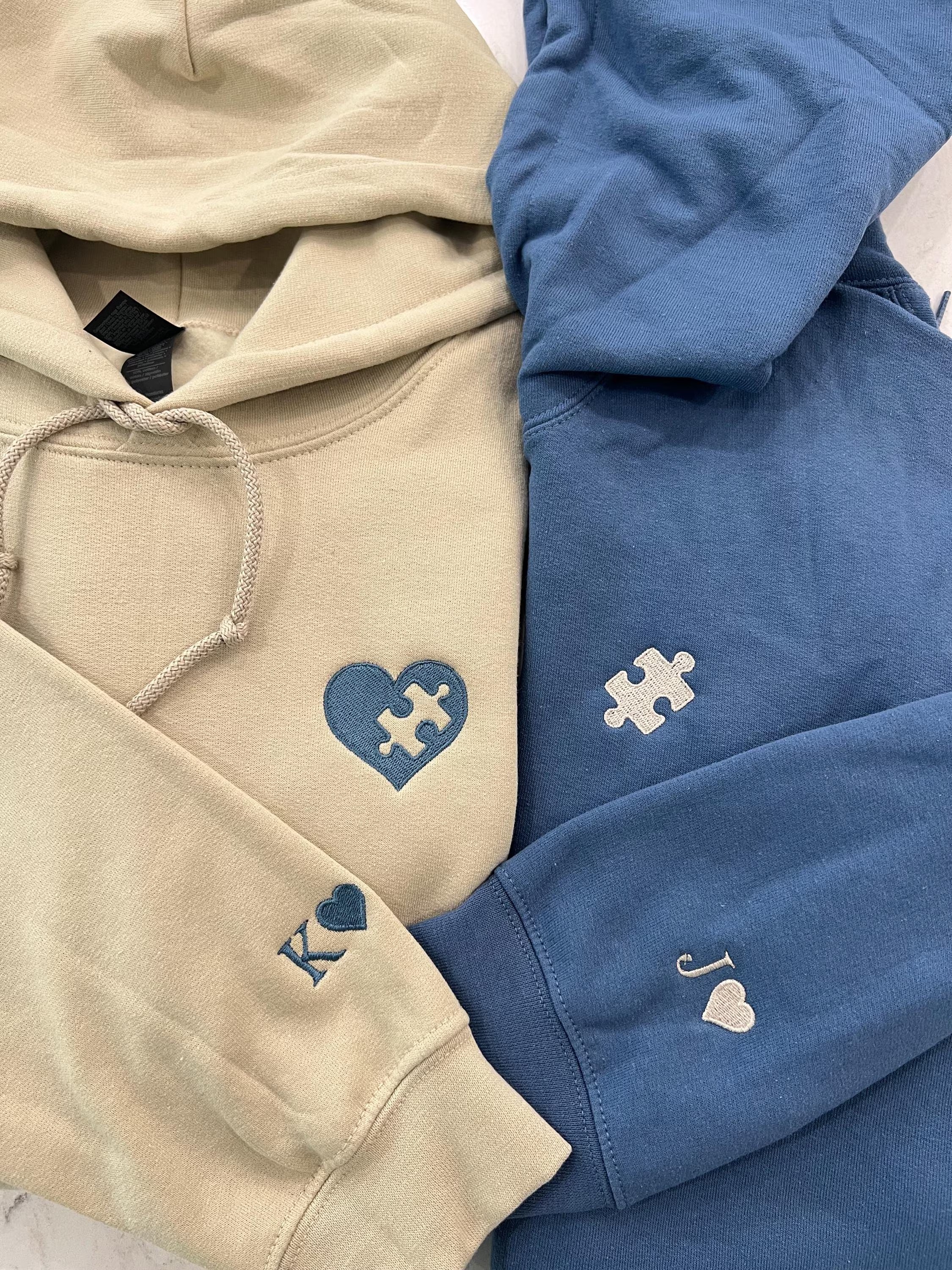 Custom Embroidered Sweatshirt, Heart and Puzzle Piece Couples Hoodie, Initial With Heart On Sleeve, Anniversary Gift, Valentines Day Gift