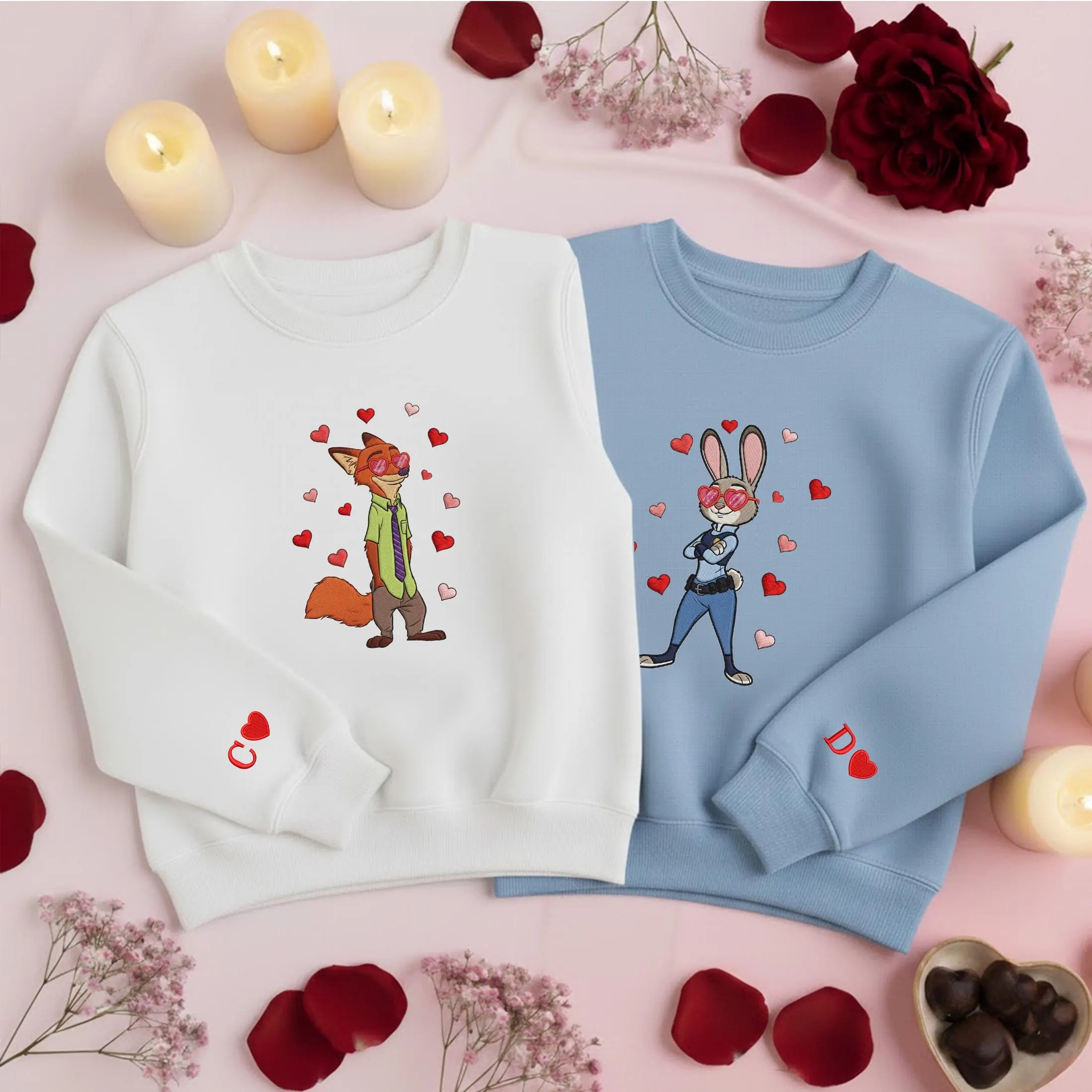 Zootopia Inspired Couple Embroidered Sweatshirt, Nick & Judy Heart Theme Sweatshirts, Cute Lovers Gift, Matching Valentine Crewneck