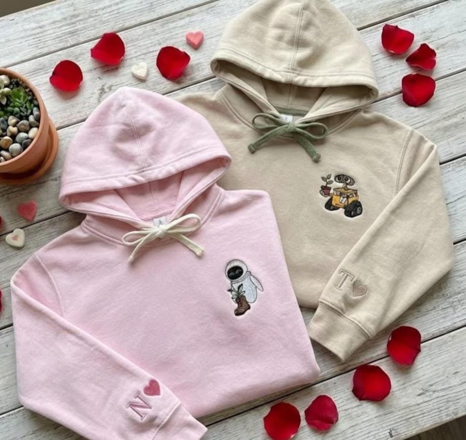 Custom Embroidered Cartoon Couple Matching Hoodie, Couple Embroidery Sweatshirt, Initial On Sleeve, Movie Character Couple Crewneck