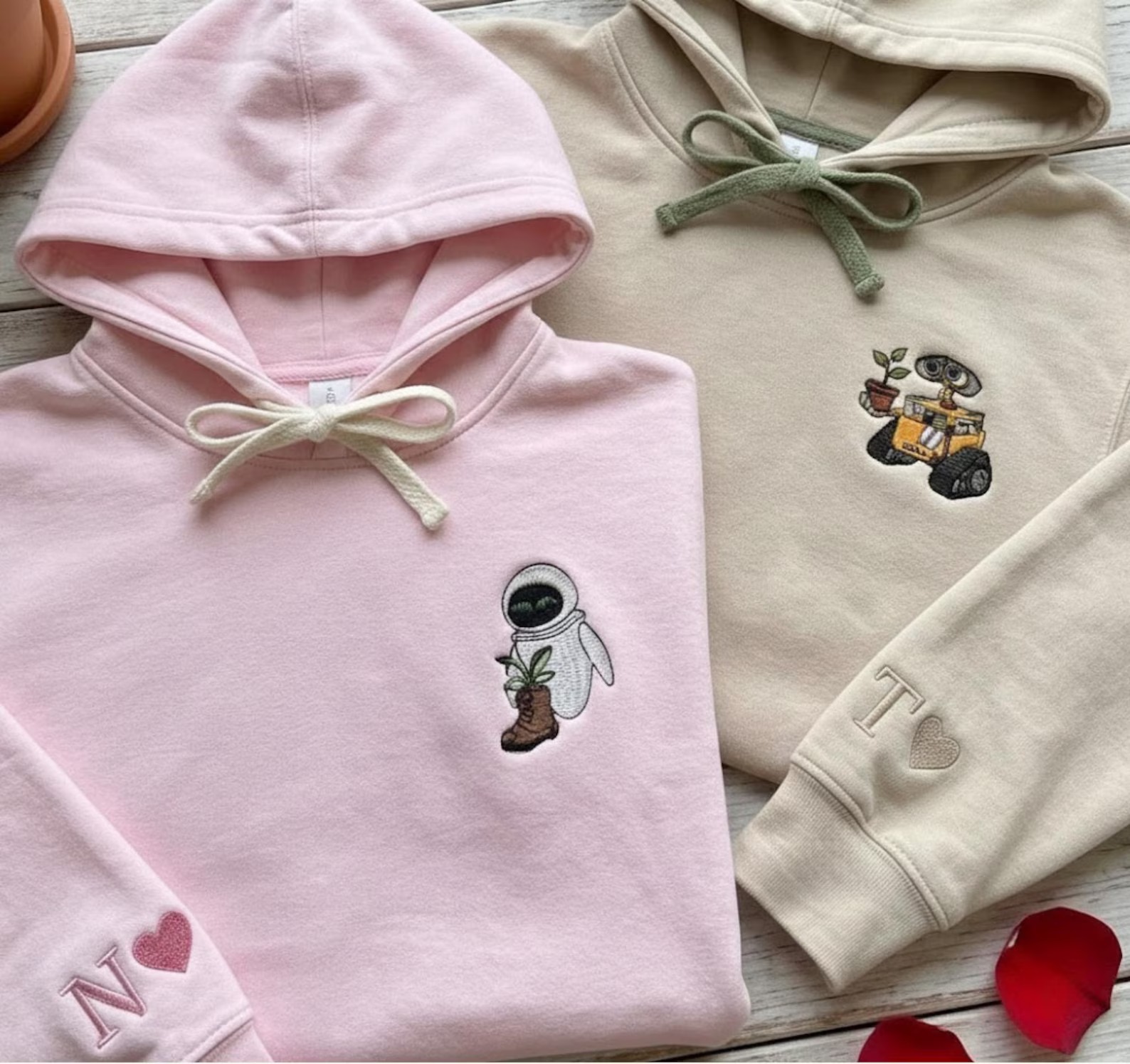 Custom Embroidered Cartoon Couple Matching Hoodie, Couple Embroidery Sweatshirt, Initial On Sleeve, Movie Character Couple Crewneck