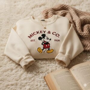 Retro Mickey Mouse Character Embroidered Sweatshirt, Cartoon 1928 Embroidered Crewneck, Disney Embroidered Shirt