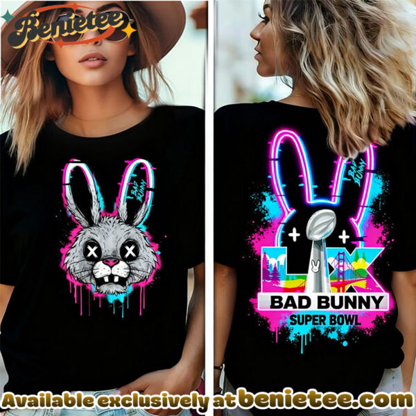 Bad Bunny Super Bowl Neon Rabbit · Front Back Print Trendy Short-Sleeve T-Shirt