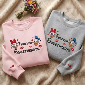 Embroidered Forever Sweethearts Shirt, Cartoon Duck Couple Embroidered Sweatshirt, Matching Couple Shirt, Gift for Couple