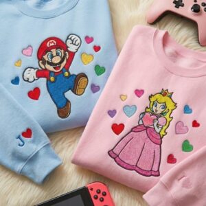 Mario CARTOON Couple Embroidered Sweatshirt, Gamer Couple Cartoon Matching Outfit, Valentine Gift For Lover, Vintage Game Embroidered Crewneck