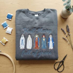 Embroidered Virgin Mary Sweatshirt, Hail Mary Full of Grace Hoodie, Catholic Religious Gift, Blessed Mother Apparel, Christian Icons Art