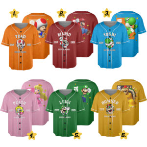 All Characters Super Mario Kart Retro Baseball Jersey, Nintendo World Family Matching Holiday Trip Matching Jersey Shirt, Super Mario Birthday Trip Gifts